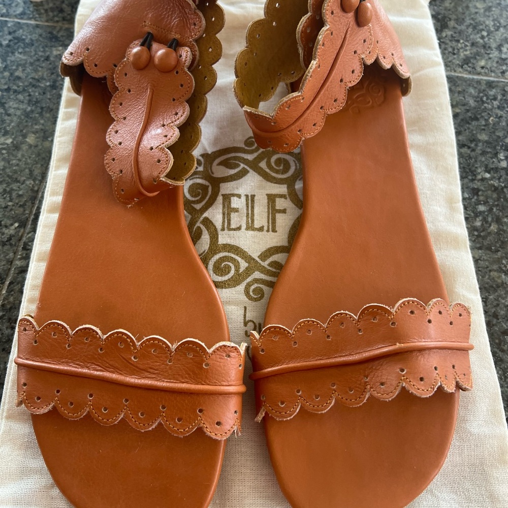 ELF hand made, Tan Scalloped Leather Sandals, with back zip, never worn